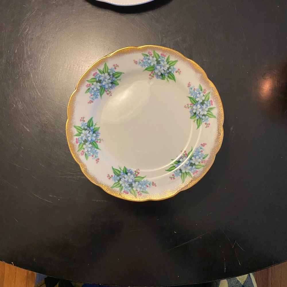Stafford Gold Rimmed Plate with Blue and Green Forget me not pattern